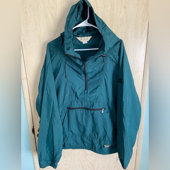 Vintage LL Bean Jacket Men Green Windbreaker Rain Zip Anorak XL Kangaroo Pocket - Picture 1 of 9